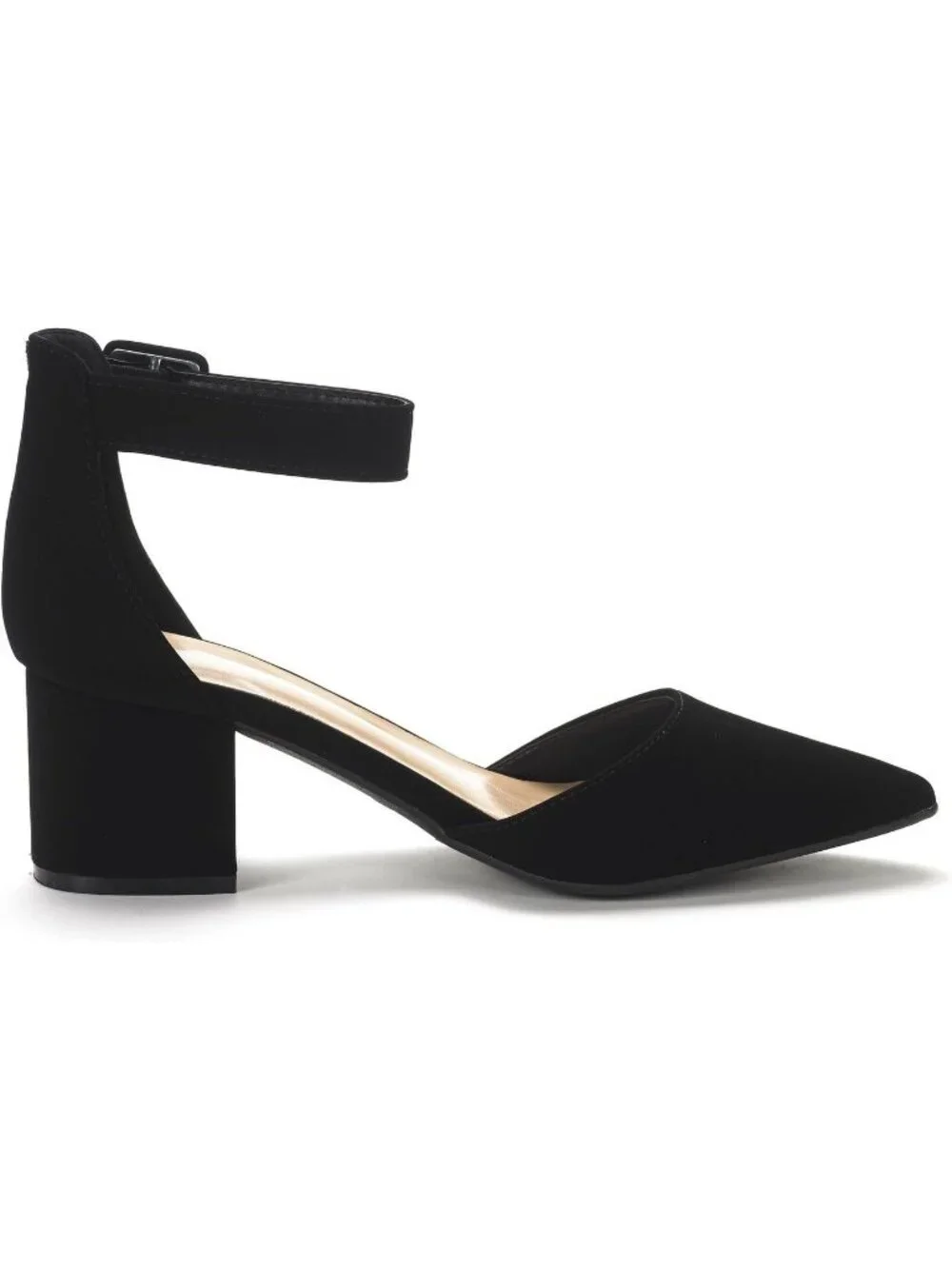 Women's Black Nubuck ANNEE Closed Toe Chunky Block Heels Ankle Strap Pumps Shoes
